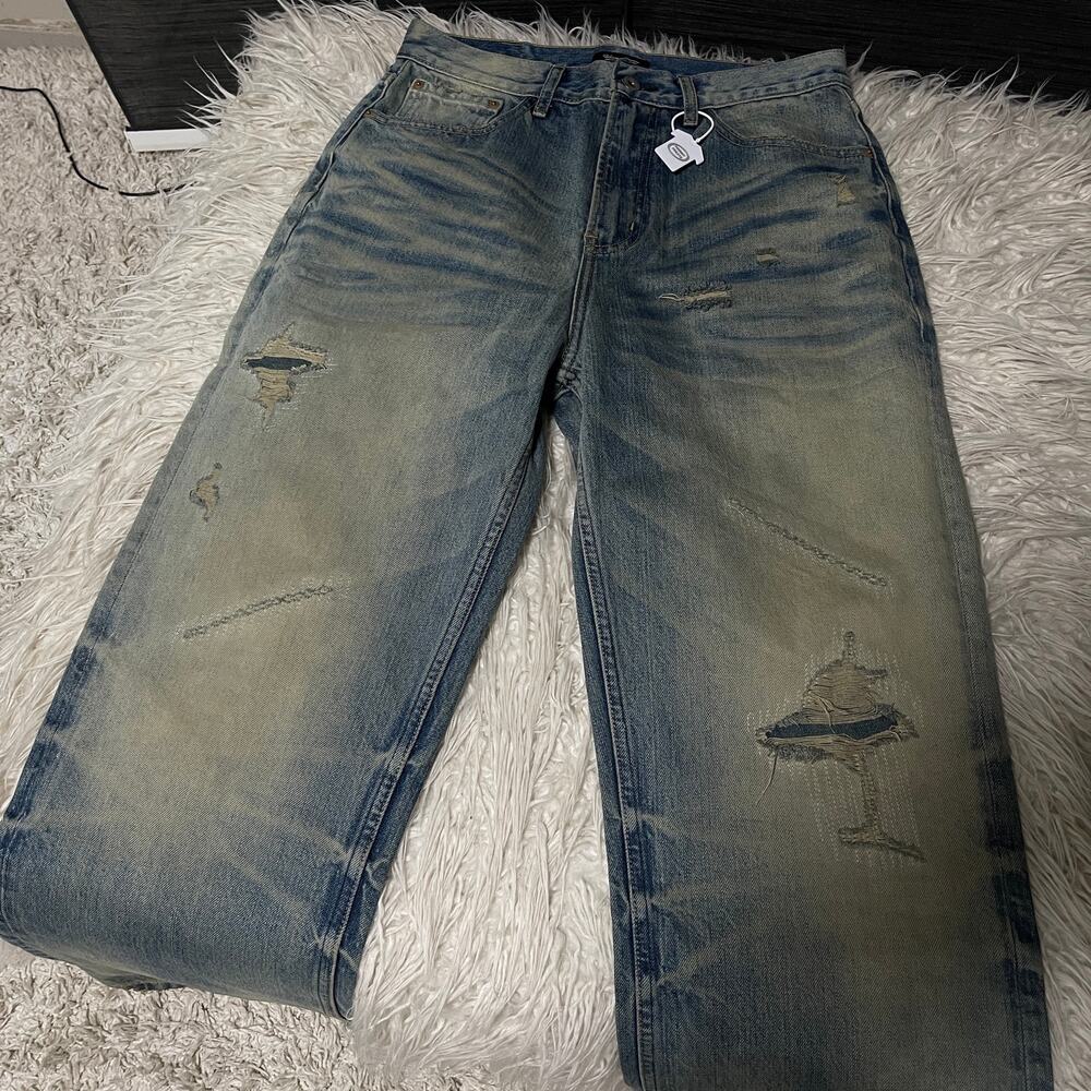 Vintage Faded Wash Distressed Ripped Wide-leg Baggy Denim Jeans Pants Blue sz 31 - Picture 8 of 16